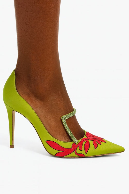 MANOLO BLAHNIK Green Satin Crystal Embellished Pumps IT37