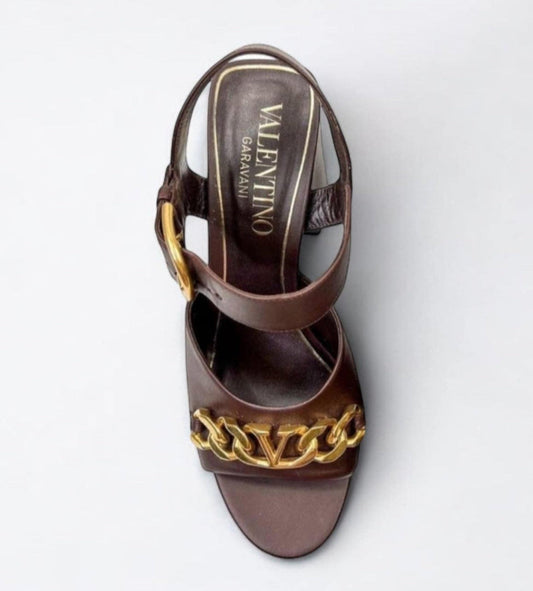 VALENTINO GARAVANI Brown V Logo Block Heel Sandals Size IT39